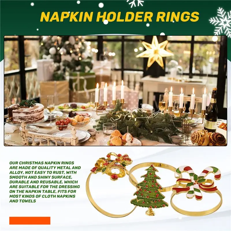 SEWS-6Pcs Christmas Napkin Rings Xmas Napkin Holder Rings Wreath For Holiday Party Dinner Table Decoration