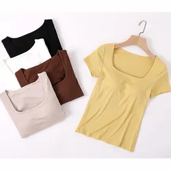 Woman Sleeping Shirt New Square Neck Sleepwear Tops Casual Modal Short Sleeve Nightwear T-shirt Chest Pad One Piece Pajamas