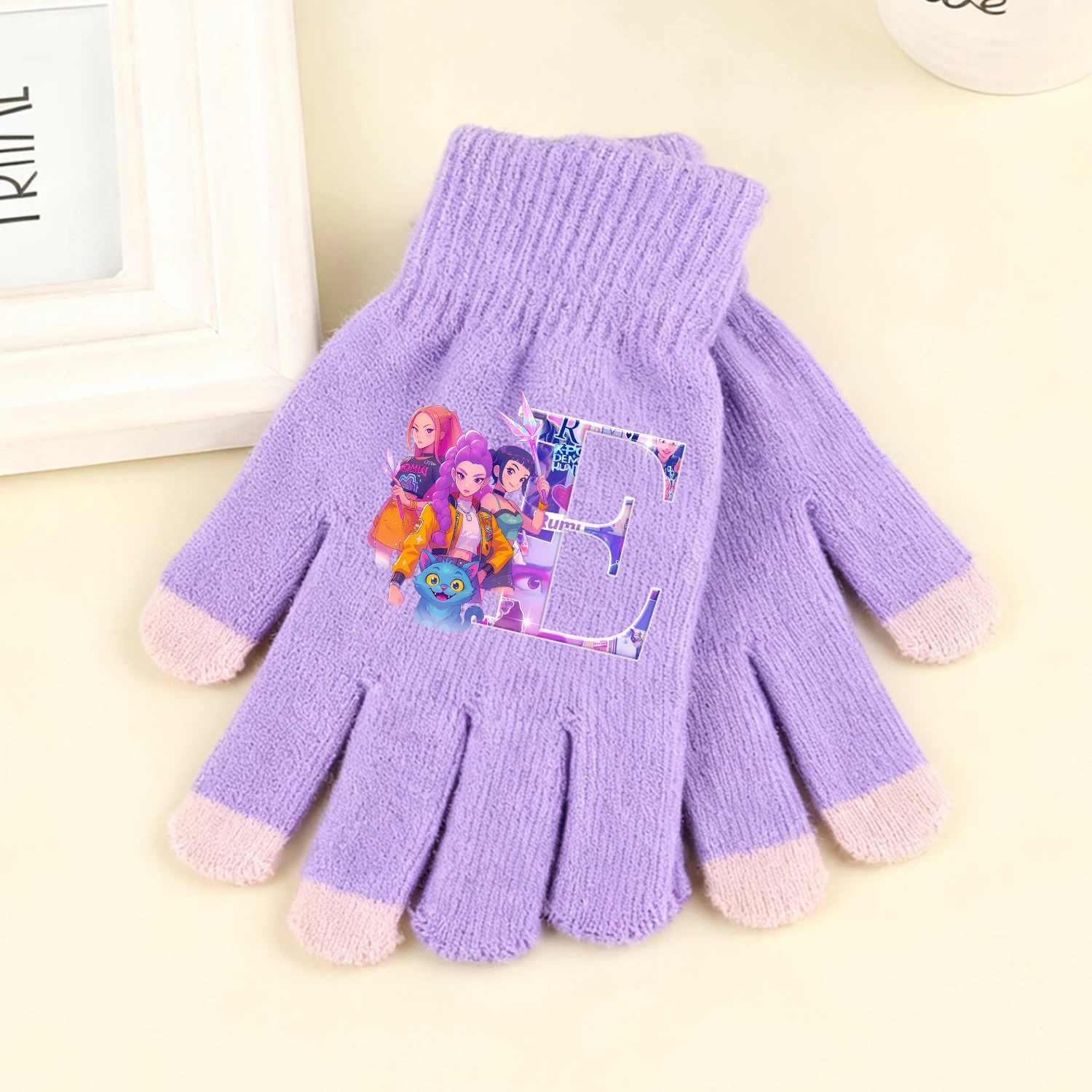 Kpop شيطان الصيادين قفازات متماسكة الكرتون رسالة A-Z قفاز شاشة قابل للمس الفتيات الفتيان الأرجواني شتاء دافئ اكسسوارات الأطفال هدية