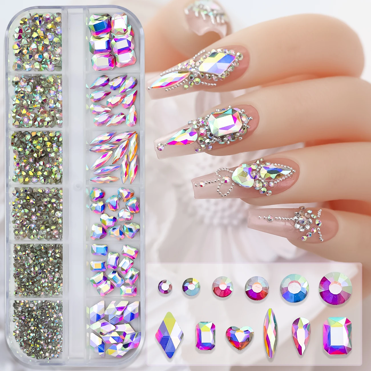 Vendita calda 12 Griglie Nail Art Strass Set di gioielli Multi-forme Colorate Flatback Charms per unghie Diamanti Accessori per unghie 3D