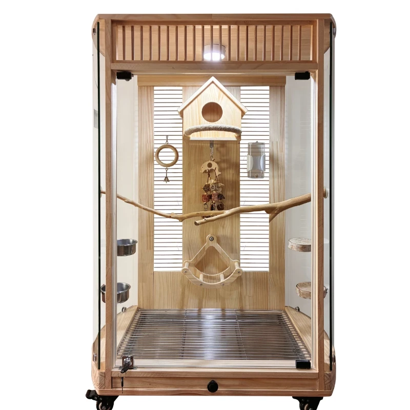 Parrot bird cage, panoramic luxury solid wood macaw gray parrot monk small golden sun large,  splash-proof