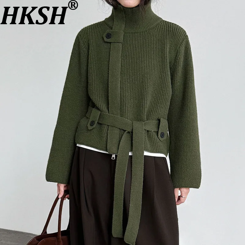 

HKSH Autumn Winter New Women's Sweater Turtleneck High-End Lace-Up Waist Versatile Elegant Ins Trend Casual Knitted Tops HK15051