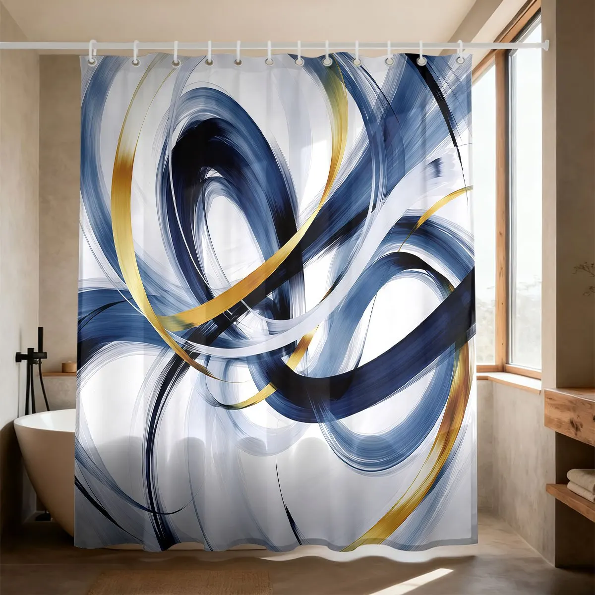 Contemporary Fluid Swirling Blue Golden Stripe Pattern Bath curtain Cozy Plush Bedspread Portable Travel Blanket for Bedroom