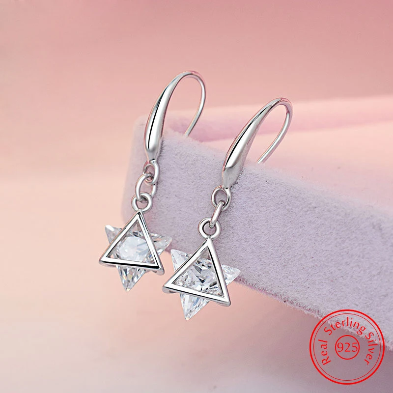 

Solid 925 Sterling Silver Quality Jewelry New Crystal Fashion Triangle Drop Earrings For Women FQL25034