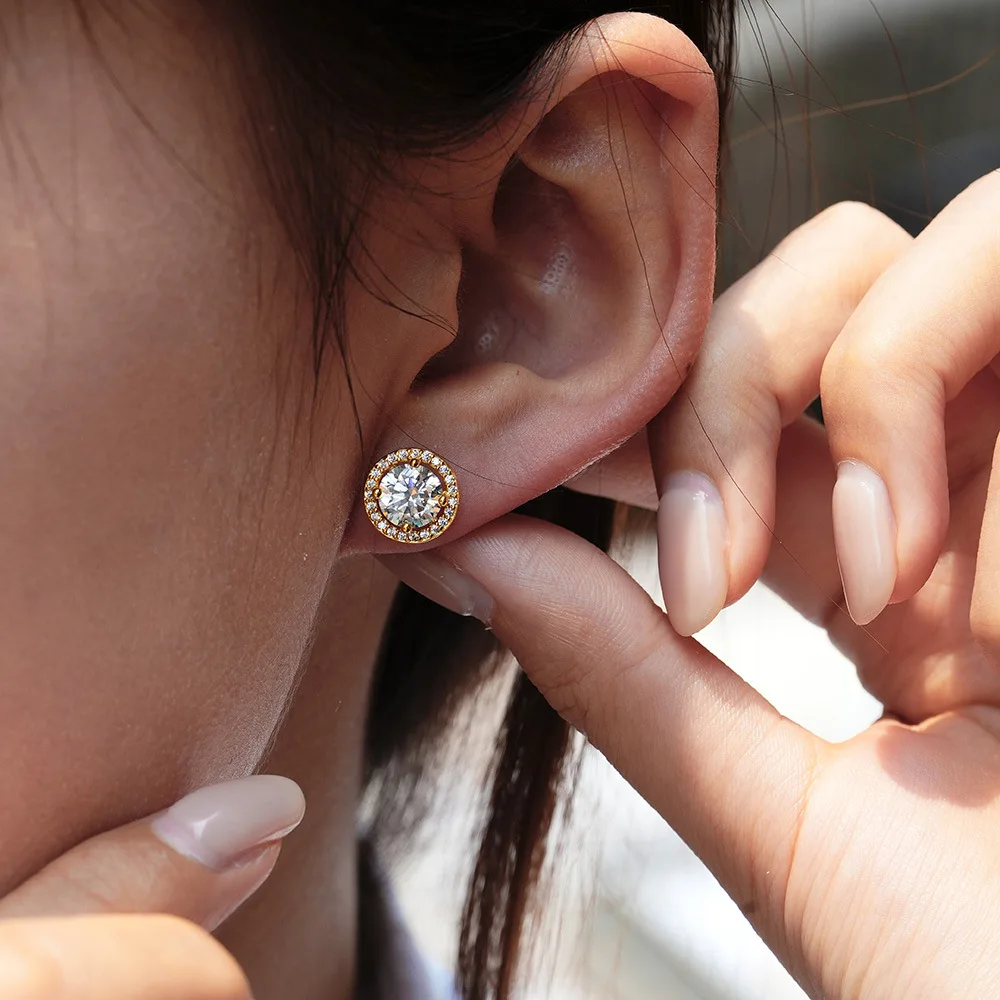 Luxury Halo Moissanite Stud Earrings for Women, 1CT 2CT D Color VVS1 Lab Diamond Earrings, 18K Gold Plated 925 Sterling Silver,