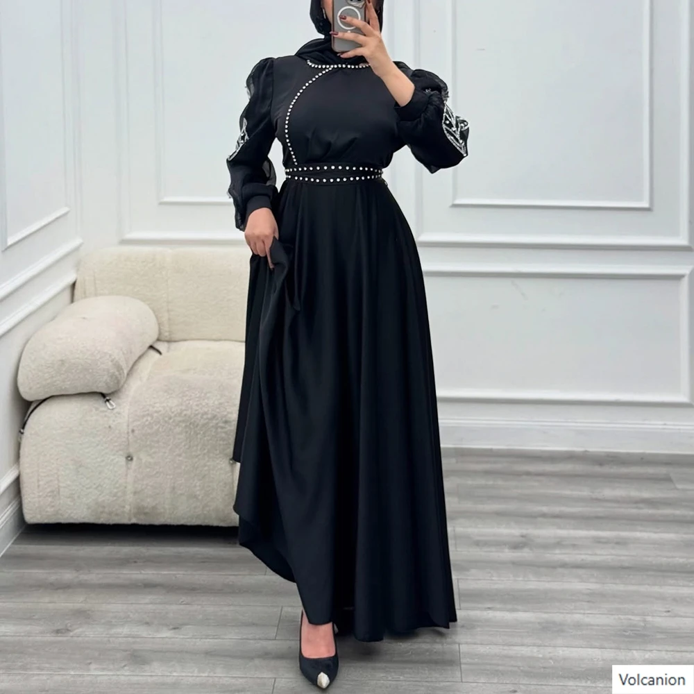 

Customized A-line Evening Dresses Ankle-length O-neck Full Sleeve Prom Gown Fashion Sequined Crystal Simple Draped Party Gown