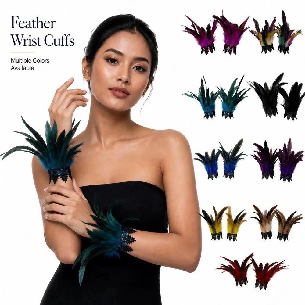 Lightweight Feather Wrist Gothic Punk Party Cosplay Women's Feather Wristbands Stage Show Multicolor Lace Feather Wrist Cuffs