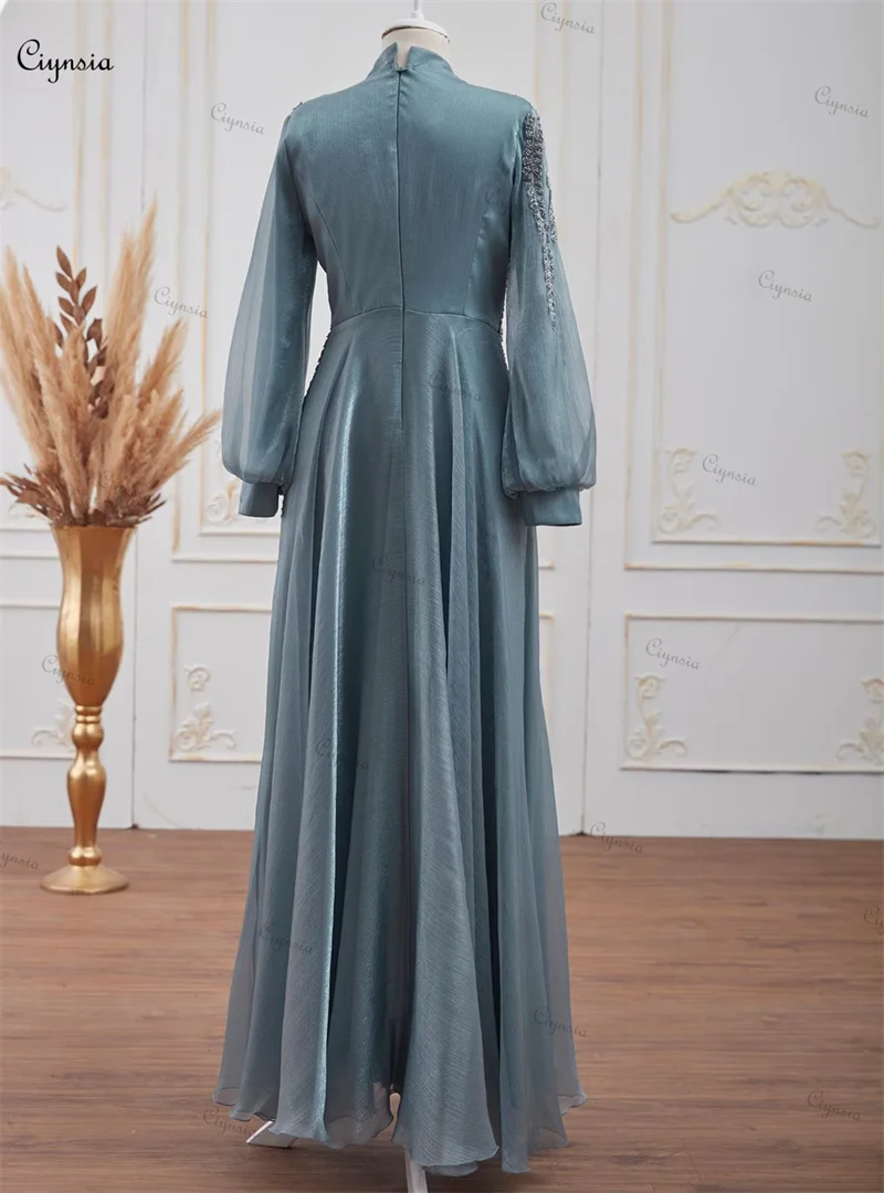 Ciynsia Elegant Long Sleeve Arabic Evening Dress High Neck Muslim Moroccan Caftan Formal Party Gown Appliques Dubai Prom Dresses