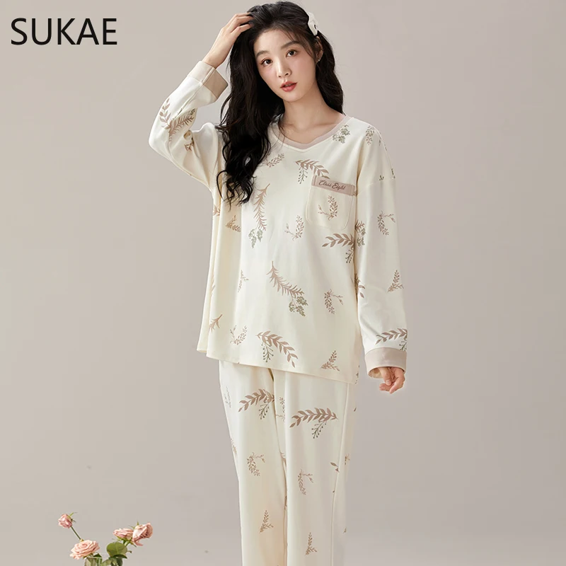 SUKAE Autumn Winter New Faux Cotton Sleepwear Leisure Lady Pijamas Long Sleeves Chic Homewear Cute Nightwear Women Pajamas Set