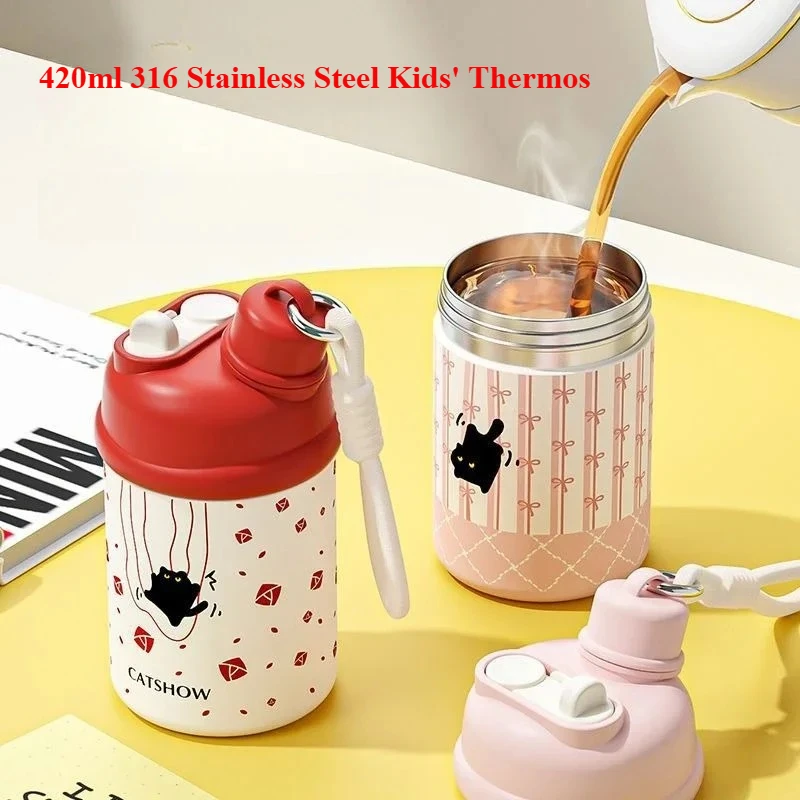 420ml Cute Black Cat Print 316 Stainless Steel Kids' Thermos, 6-Layer Insulated Flask with Wrist Strap
