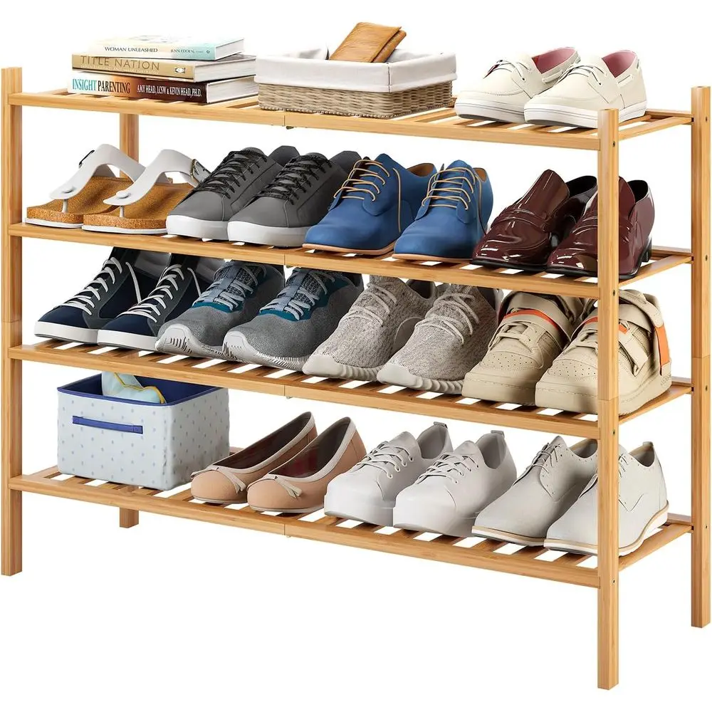 

Long Shoe Rack, 4-Tier Bamboo Stackable Shoe Shel Storage Organizer, Shoe Stand or Closet, Entryway and Hallway