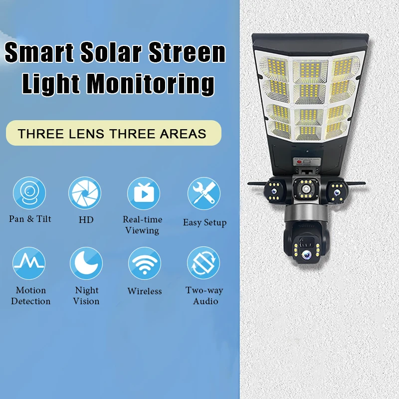 Solar 4G Wifi Street Light Camera Low Power 15MP 3 Lens APP Control Motion Detection Two-Way Voice Intercom Outdoor Camera