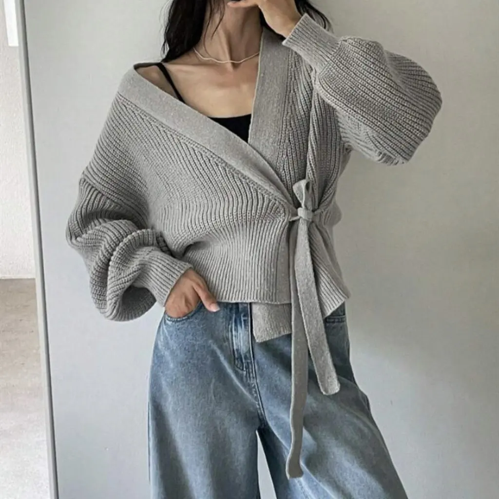 

Women's V-Neck High-Waisted Cardigan Sweater with Bow Tie Knitted French Style Jacket Top Outerwear