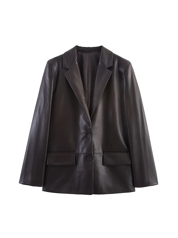 Damska jesienna kurtka blezer z ekoskóry w stylu retro, jednorzędowa, luźna, casualowa, modna, szykowna z kieszeniami, streetwear damska 2025