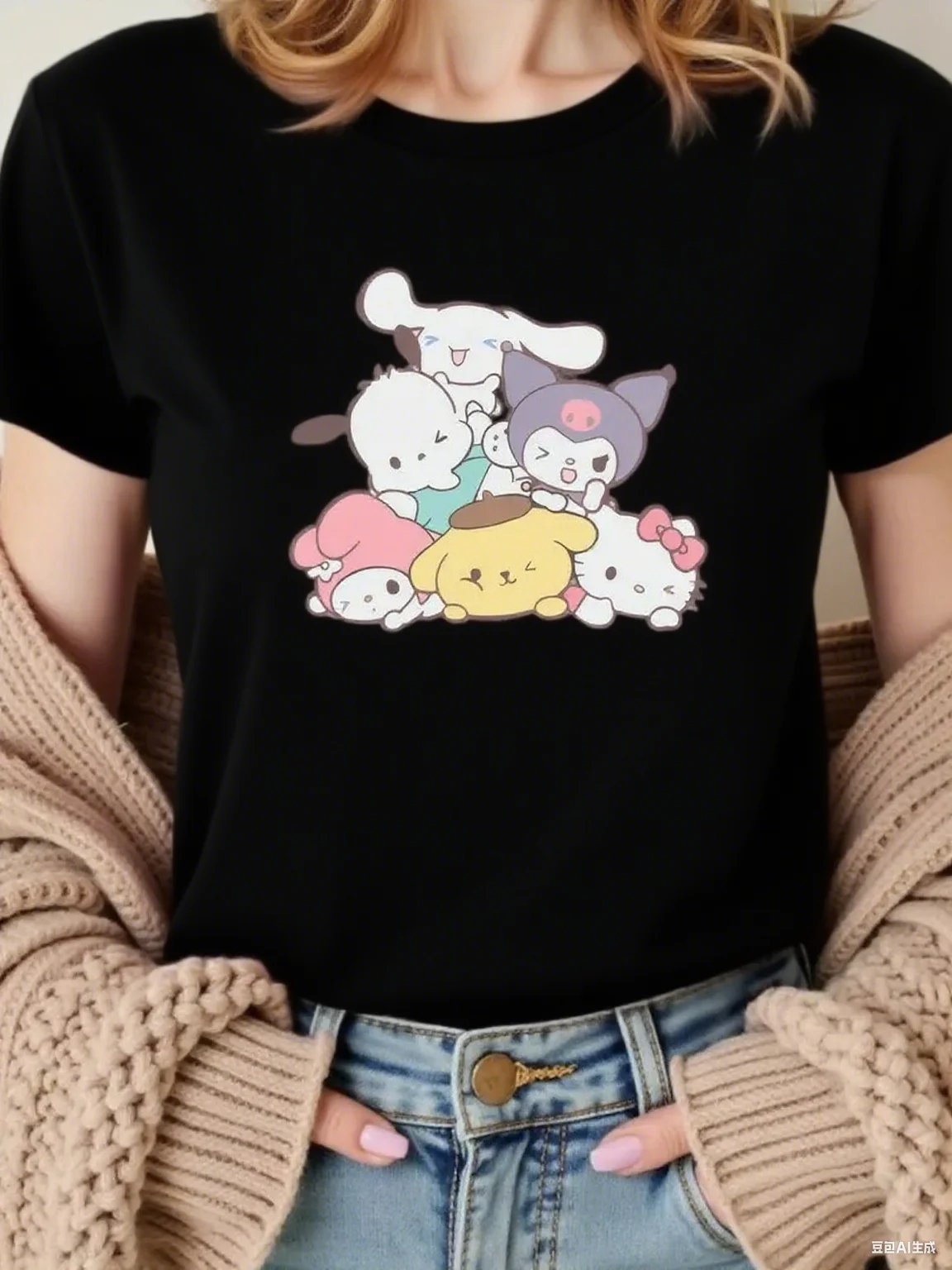 

Sanrio Characters Stacked Print Cotton T Shirt Features Cute Sanrio Characters Like Cinnamoroll Kuromi Pompompurin Hello Kitty