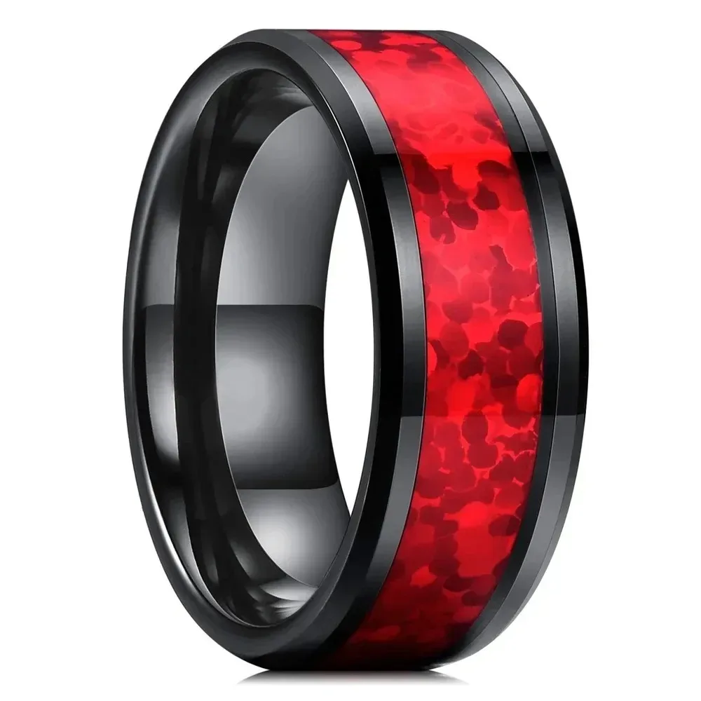 Anillos de acero inoxidable negros de 8mm a la moda para hombre, anillos de ópalo rojo con incrustaciones para hombre y mujer, joyería de boda, regalo al por mayor