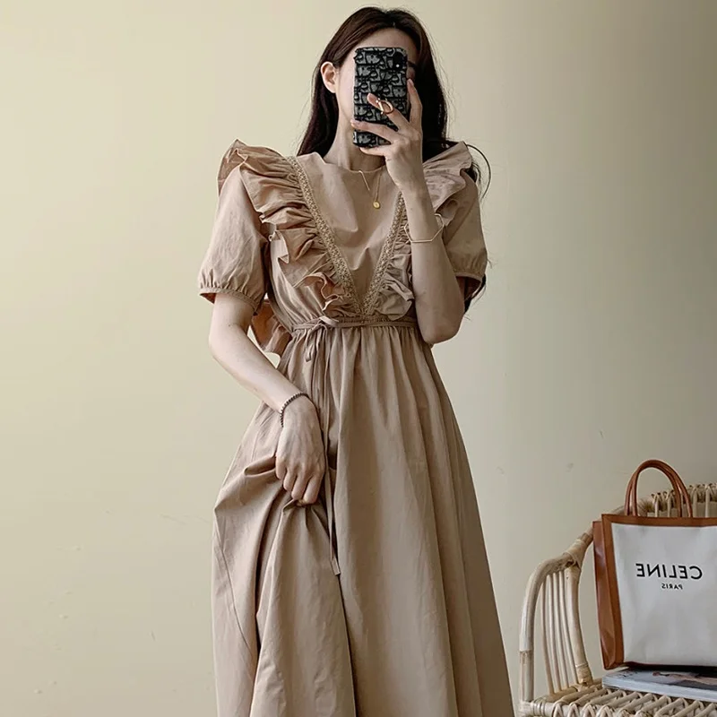 فستان صيفي أنيق بتصميم كلاسيكي، ياقة مستديرة، أكمام فقاعية، خصر مربوط، أسلوب كوري، فستان طويل بخصر مرتفع للنساء. #2