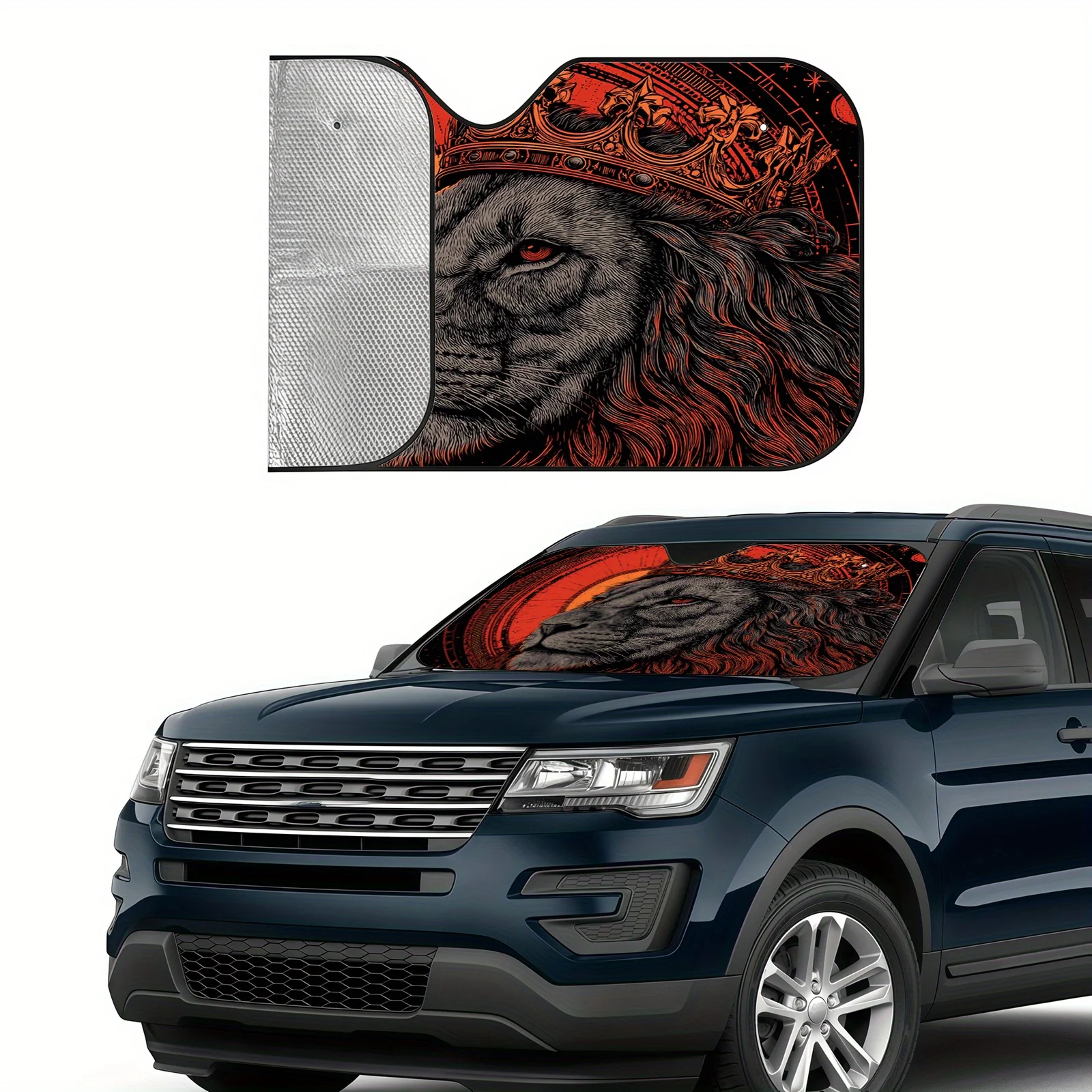 Red Glow Crown Lion Car Sunshade, Trendy Illustration Style, Heat Insulating And Heat Resistant, Stabilizes In-car Temperature,