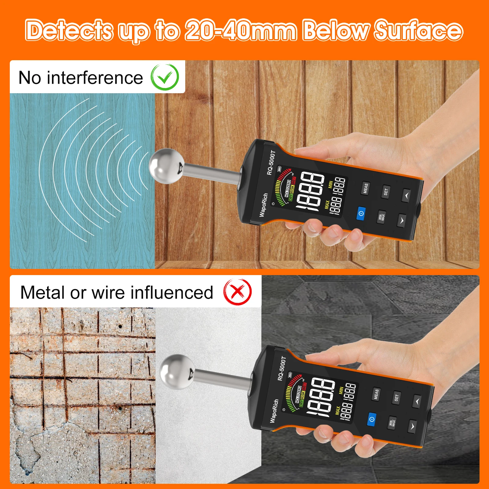 مقياس رطوبة الخشب، مقياس رطوبة بدون دبابيس للخشب، مستشعر رطوبة الحائط غير المتصل، جهاز اختبار الرطوبة الرقمي مع إنذار مسموع