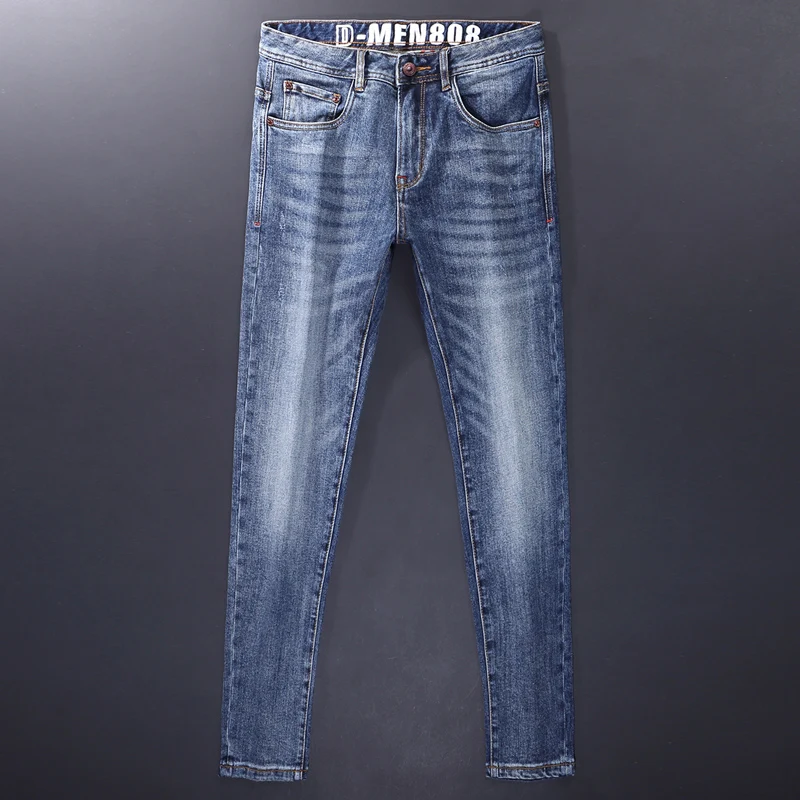Men's Slim Fit Stretch Jeans Y2K Fashion High-Quality Retro Washed Blue Casual Designer Hombre Jeans