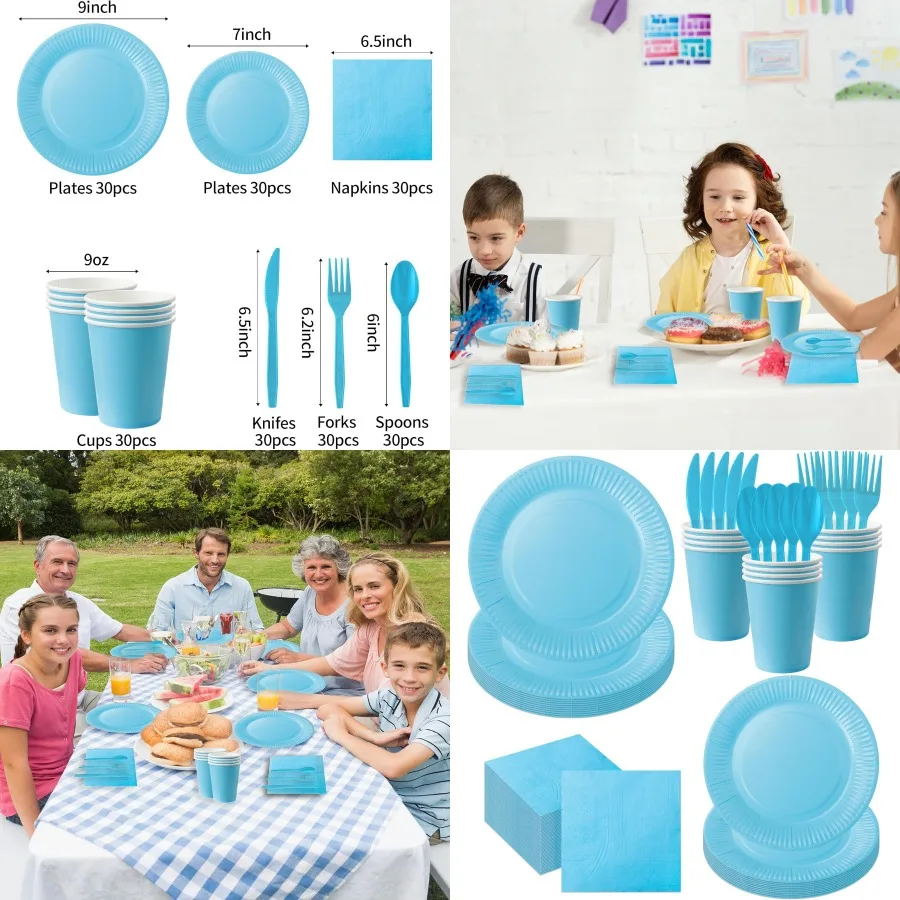 

210 шт., светло-голубые бумажные тарелки на День Благодарения, одноразовая посуда, товары для вечеринок для осенних встреч, в комплект входит 9 обеденных тарелок 7