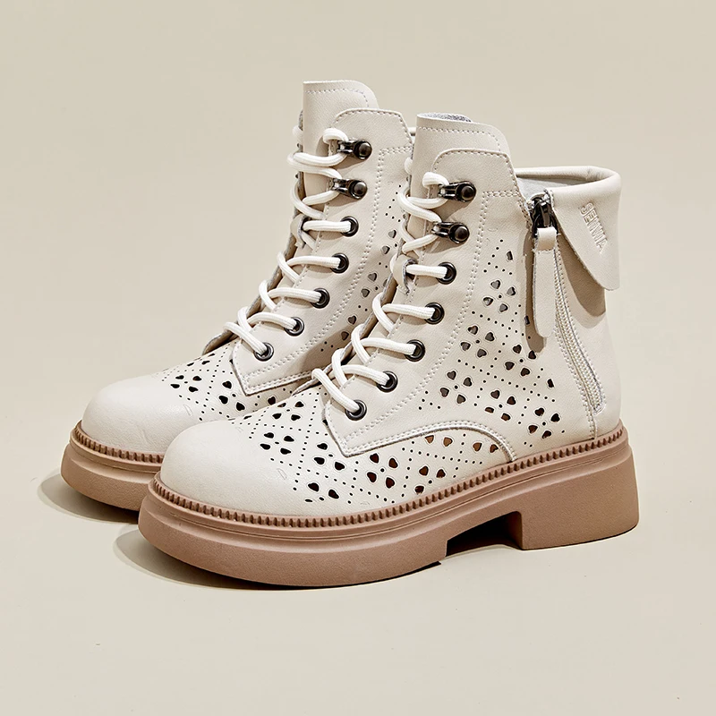 

Luxury Leather Carved Ankle Boots Women Fashion Hollow-out Design Sandals Side Zipper Lacing Straps Chunky Heel Summer Boots