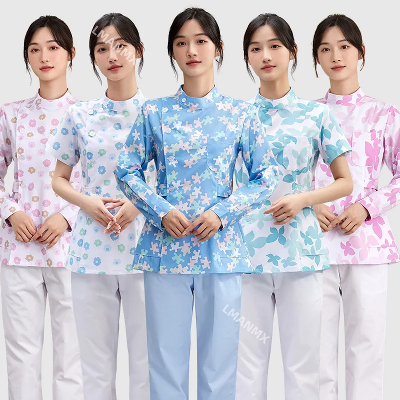 

New Pretty Medical Uniforms Women Nurse Scrubs Tops Floral Print Nurse Coat Dental Surgery Pet Grooming Beauty Spa Uniforms