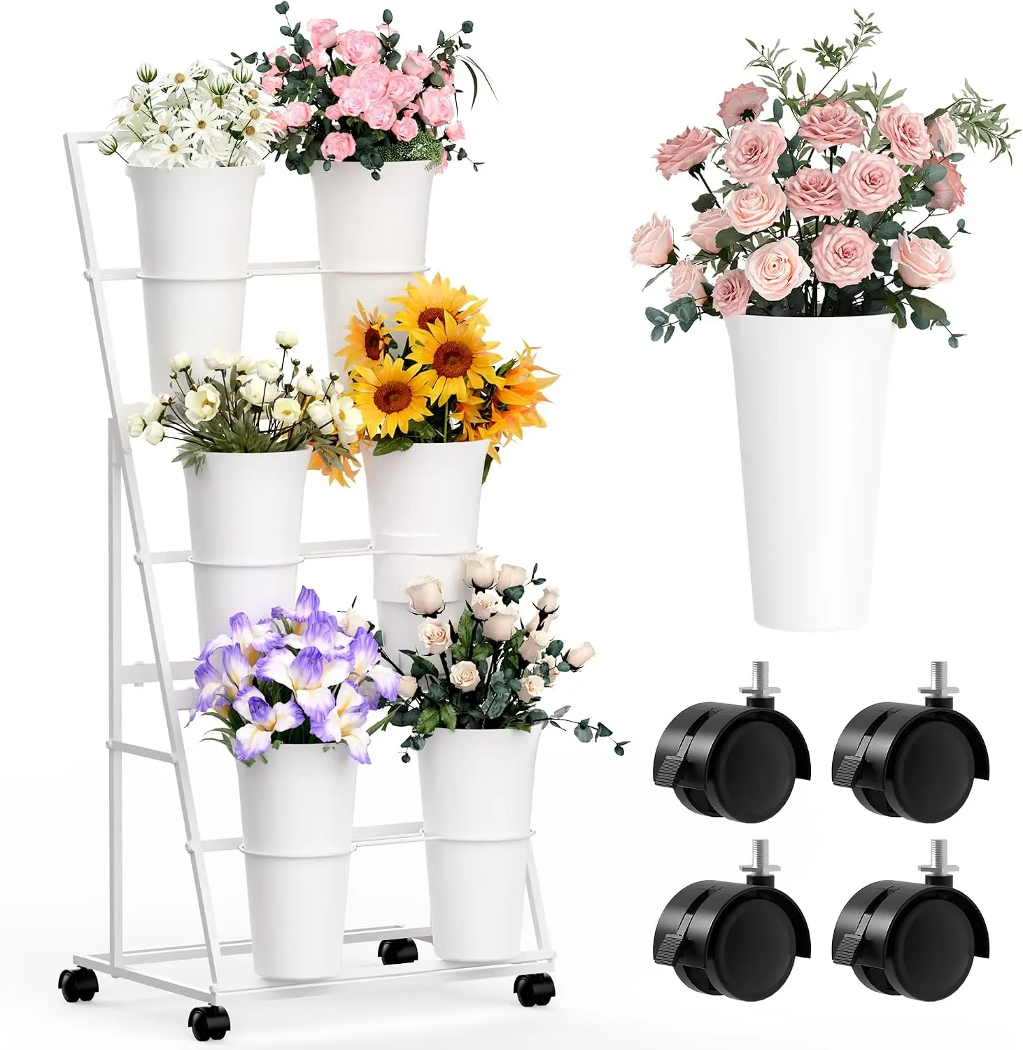 White 3-Tier Flower Cart Display Stand with 6 Buckets and Wheels for Indoor Outdoor Garden, Wedding and Flower Shop