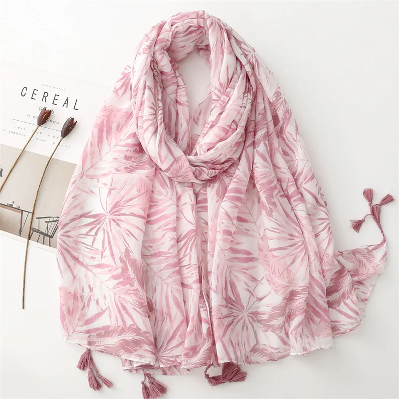 2023 New Ombre Leaf Pattern Tassel Scarves Shawls Long Cotton Bamboo Print Wrap Hijab 3 Color Free Shipping