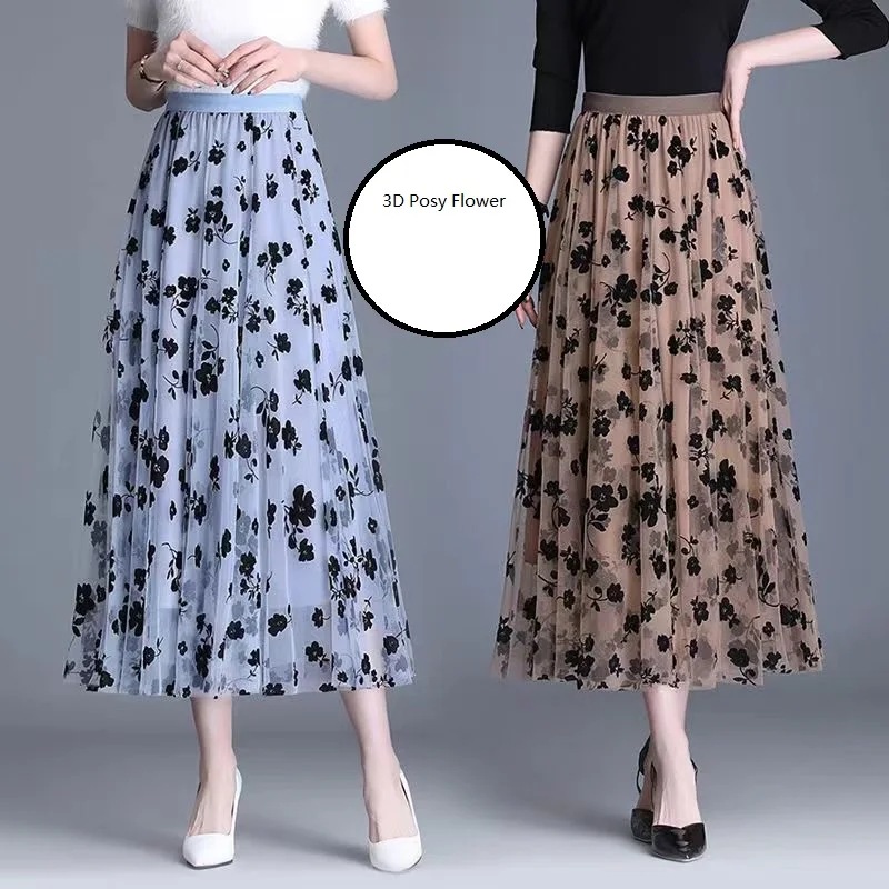 

Casual Tulle Skirts For Women 3D Posy Double-Layered Mesh Midi Long Skirt A Line Elastic Waistband Mesh Skirts Dating Gifts