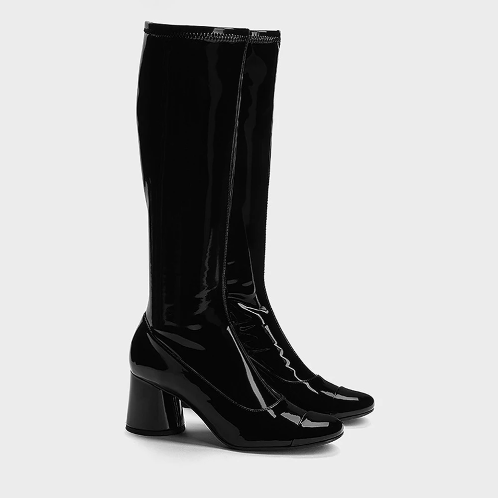 

FWRD Women's Patent Leather Square-Toe Chunky-Heel Knee-High Boots, Comfortable for Daily Wear & Party Looks #FWRD000292