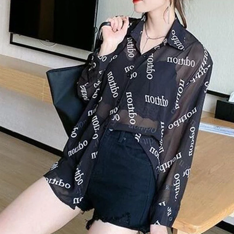 Women Letter Print Sexy Thin Sheer Button Up Shirt Summer Fashion Sunscreen Oversized Blouse Casual Long Sleeve Streetwear Tops