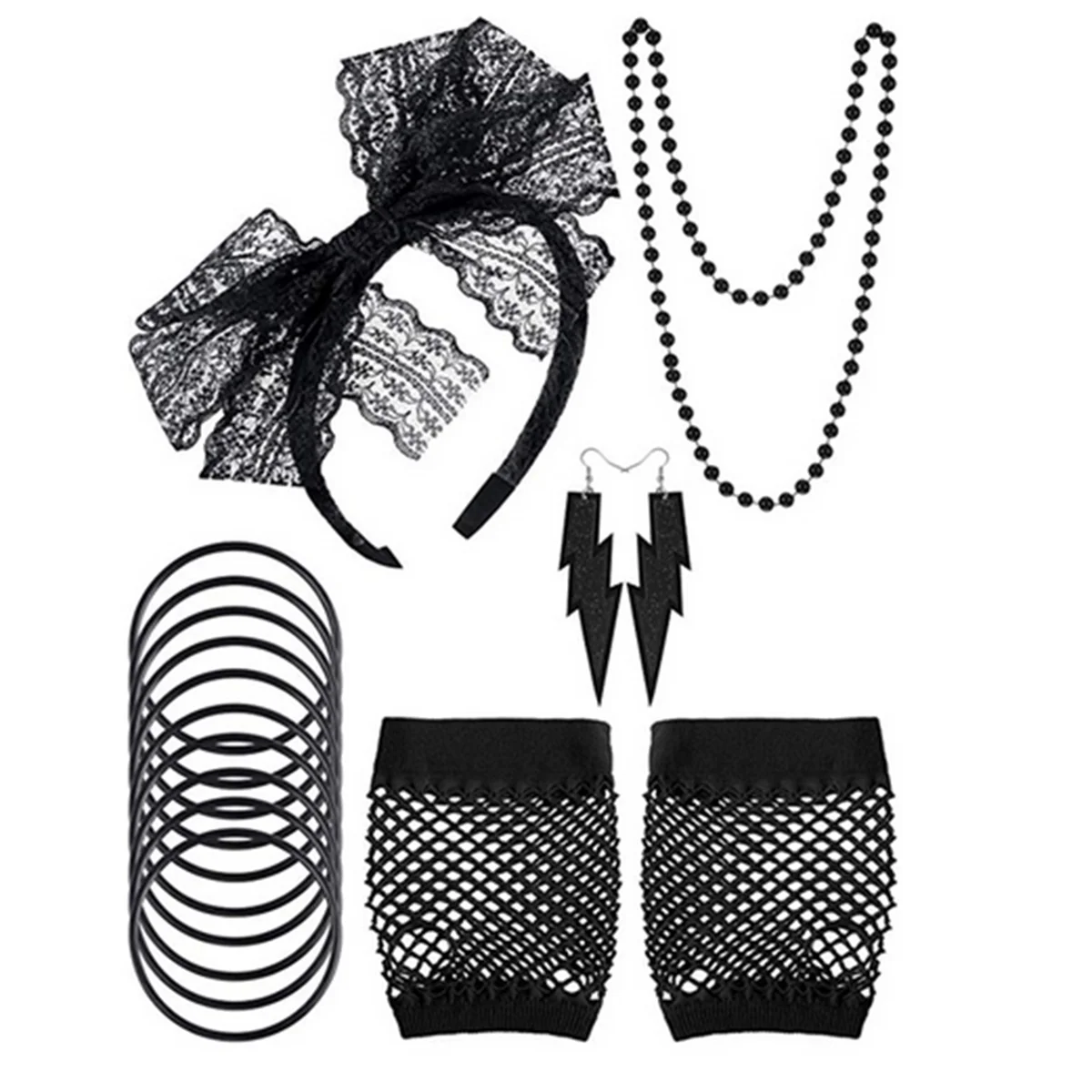 ABQR 80s Fancy Dress Costume Accessories for Women,Party Set with Lace Headband, Earrings, Fishnet Gloves, Necklace, Bracelet