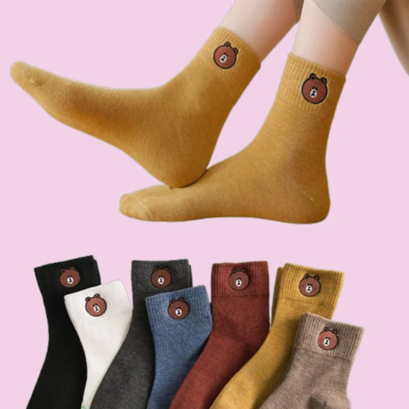 7/14 Pairs Women's Breathable Casual Mid-tube Socks Bear College Style Korean Version Solid Color Cute Socks Trendy Pile Socks