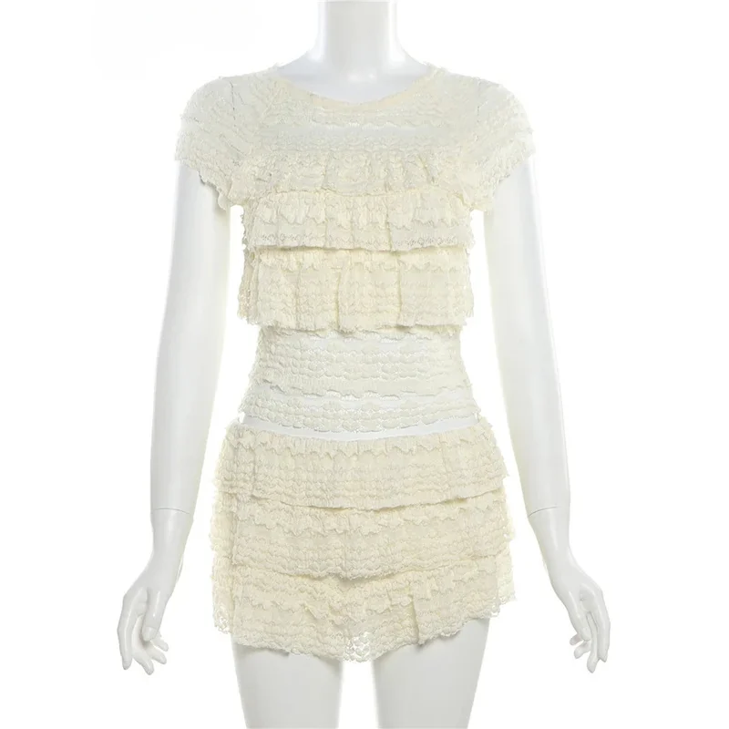 Estranho gato sexy em camadas feminino 2 peças conjunto verão elegante fino babados tnak topo + shorts saias meia-noite concerto festa combinando terno