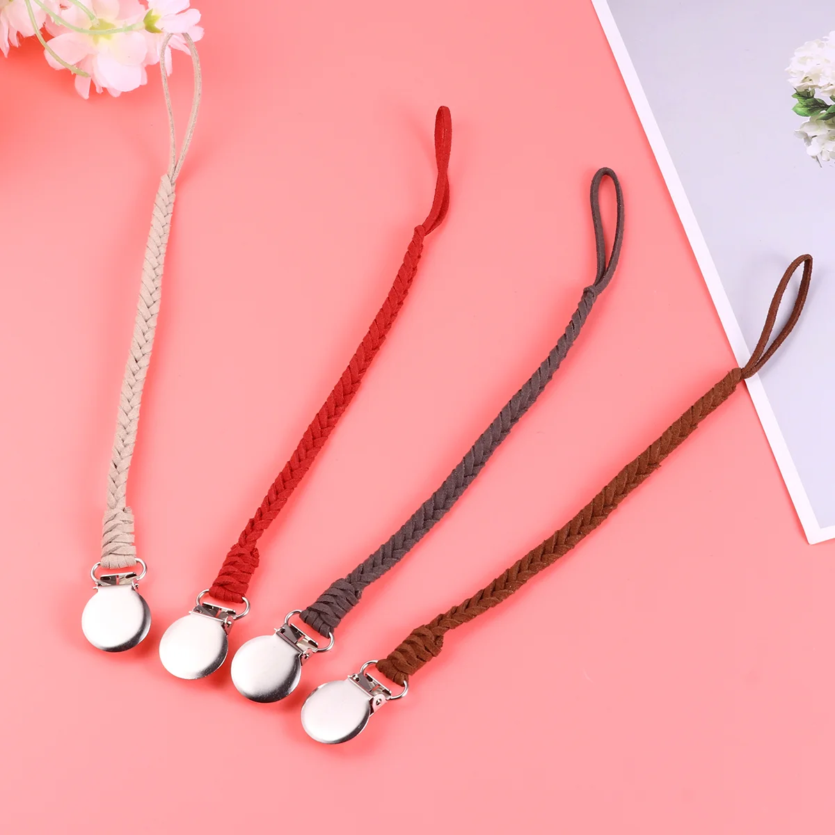 

4pcs Pacifier Clips Chain Clip Pacifier Holder Braided Soother Chain for Infant Baby Feeding Safe Material Knotted