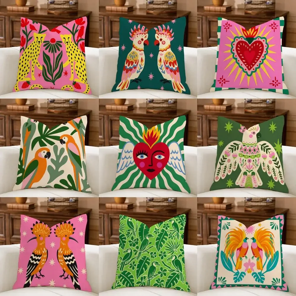 Green Pink Mexican Folk Art Cushion Cover Natural Breathable Durable Linen Printed Decor Pillow Case Sofa Bedroom