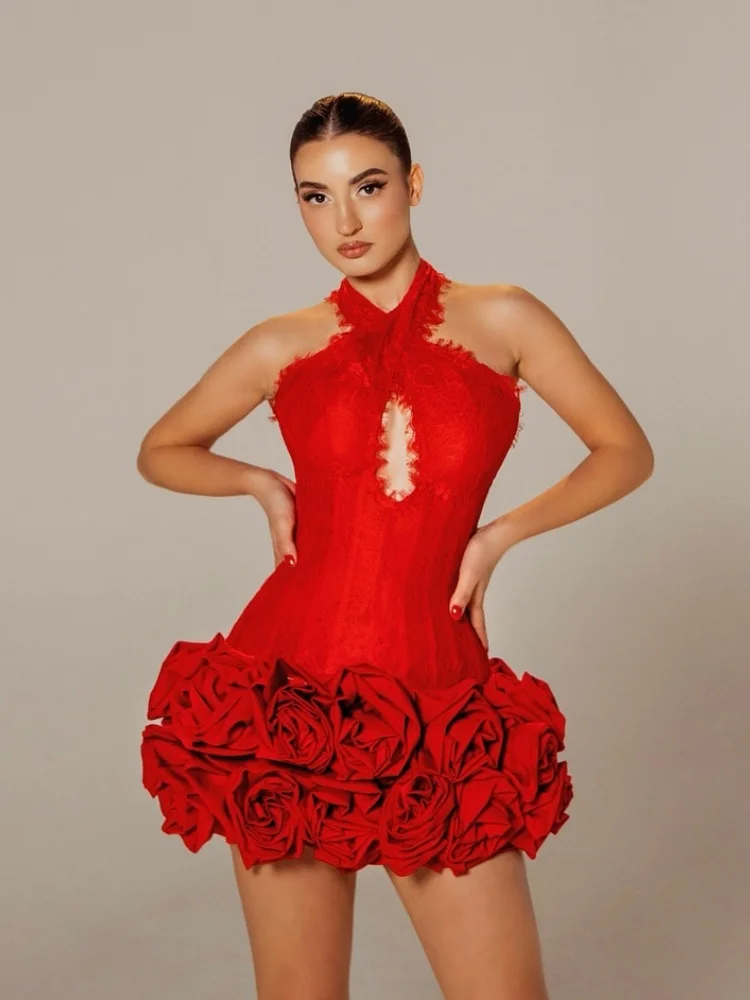 เซ็กซี่สีแดง Rose คริสต์มาสชุด-ลูกไม้ Halter คอมินิเดรสค็อกเทลชุดเข้ารูปปาร์ตี้ผ้าพันคอไนท์คลับชุด Vestidos