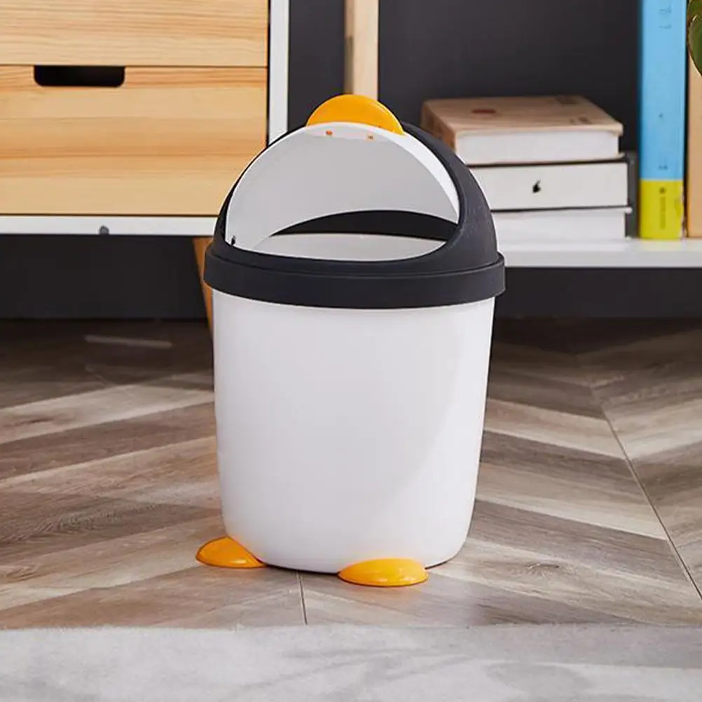 

Cute Penguin Trash Can Desktop Trash Can Swing Lid Kids Plastic Large Mouth Wastebasket child Room garbage can home office decor