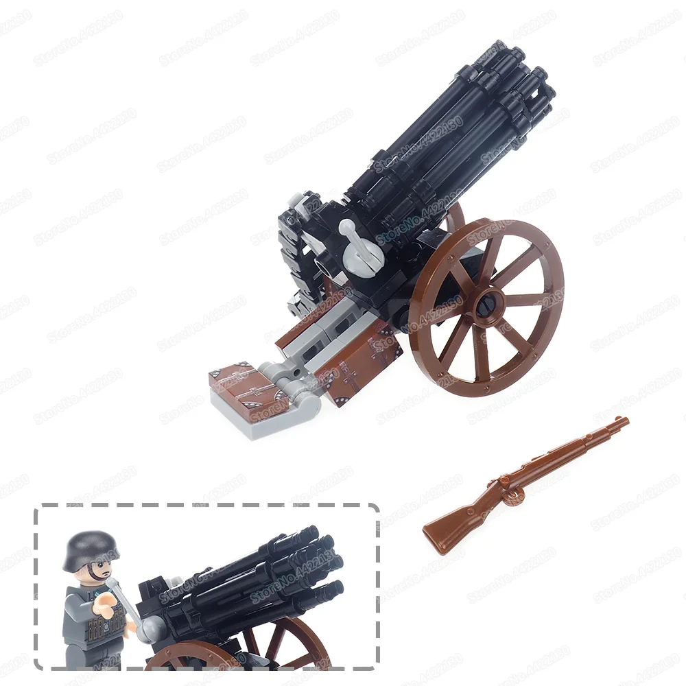 Military Wheel Gatling Gun Building Block Assembled Moc WW2 Figures Charge Weapons Equipment War Scenes Model Child Gift Boy Toy