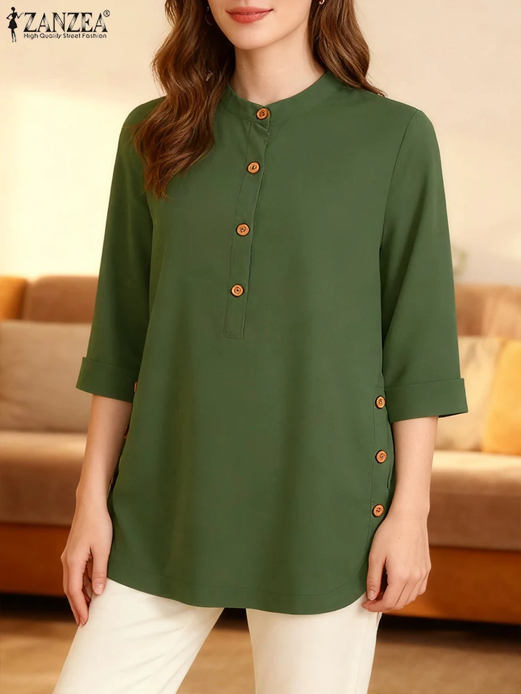

ZANZEA, осенняя блузка 2025, женские элегантные офисные рубашки, повседневные однотонные топы с рукавами 3/4, Mujer Femme, Blusas, весенняя рубашка