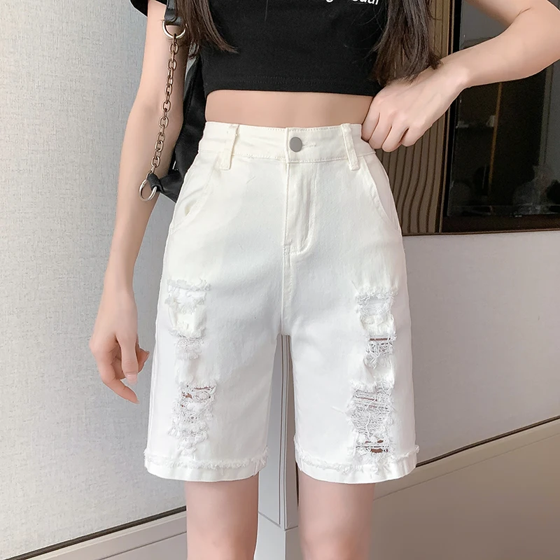 White Cotton Short Jeans Women High Waist Grinding Hem Vintage Washed Loose Design with Holes