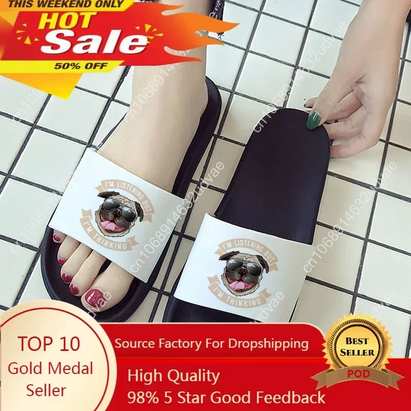 Pugs Cute Dog Print Fun Pattern Slippers Summer Beach Fashion Open Toe Slippers Printed Women's Non-slip Slides 2021