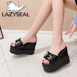 LazySea 12cm Super High Heels Women Platform Slipper Bow Metal Dec Height Increasing Slides Women Wedge Shoes Outside Beach Shoe