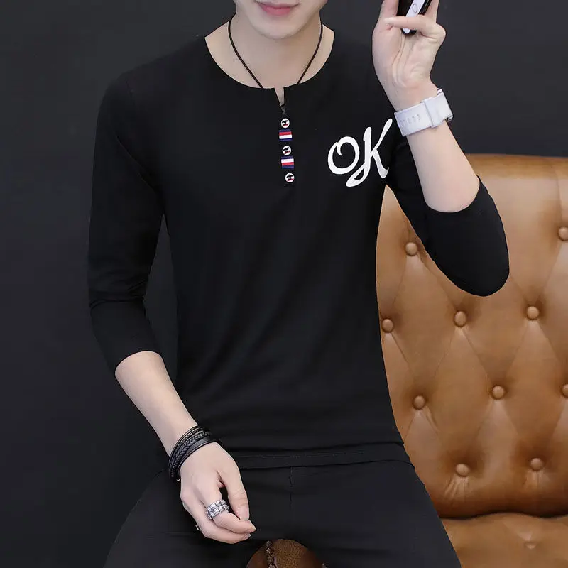 Fashion V-Neck Solid Color Button Spliced Loose Korean T-Shirt Men Clothing 2022 Autumn New Casual Pullovers All-match Tee Shirt