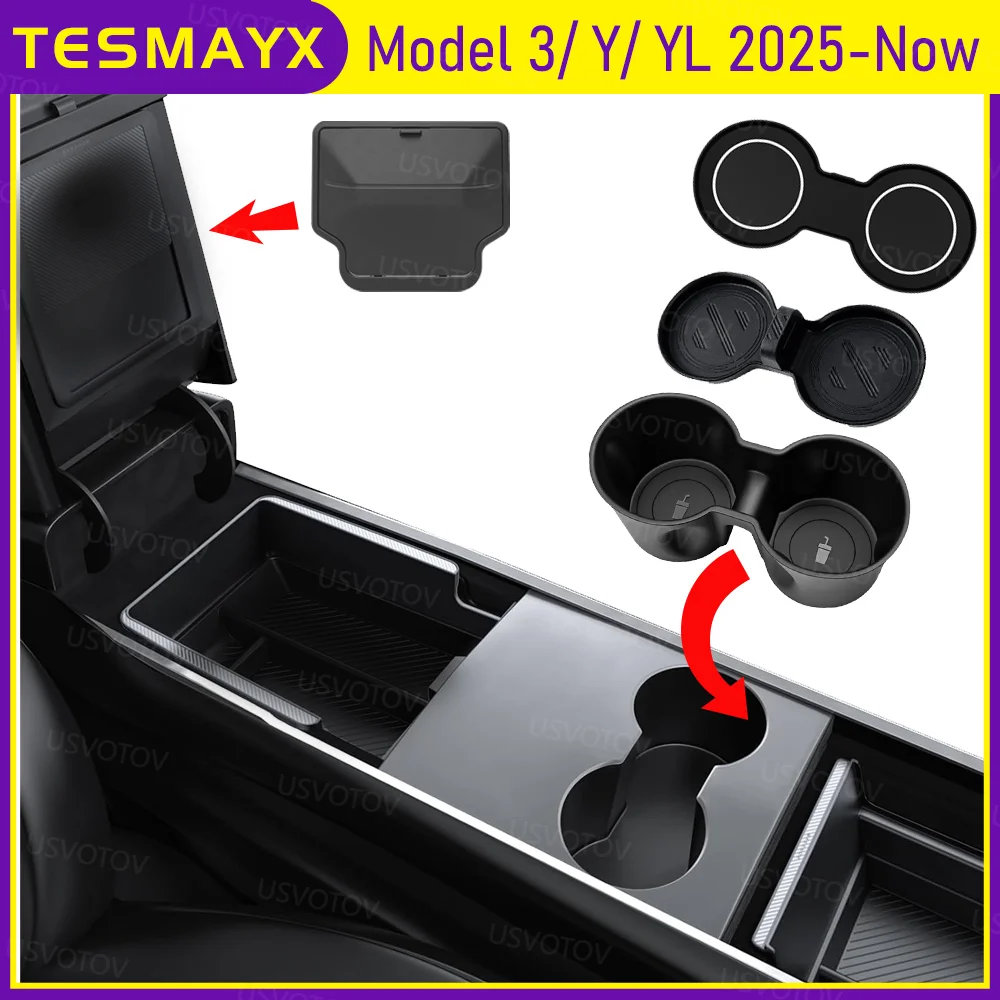 Caixa de Armazenamento para Console Central para Tesla Model Y YL Juniper Standard Model 3 2025 2026, Inserção para Porta-Copos, Tampa do Apoio de Braço e Base para Copos
