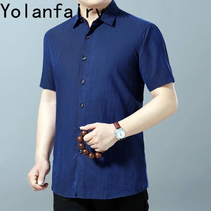 YOLANFAIRY 100% Mulberry Silk Shirts for Men Chemise Ete 2024 Homme Mens Shirts Short Sleeves Mens Fashion Shirt  Loose Fit Top