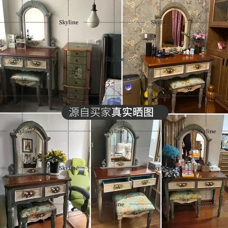 for American French Retro Solid Wood Makeup Table Bedroom Desk Integrated Dresser with Storage for Small Apartment Master