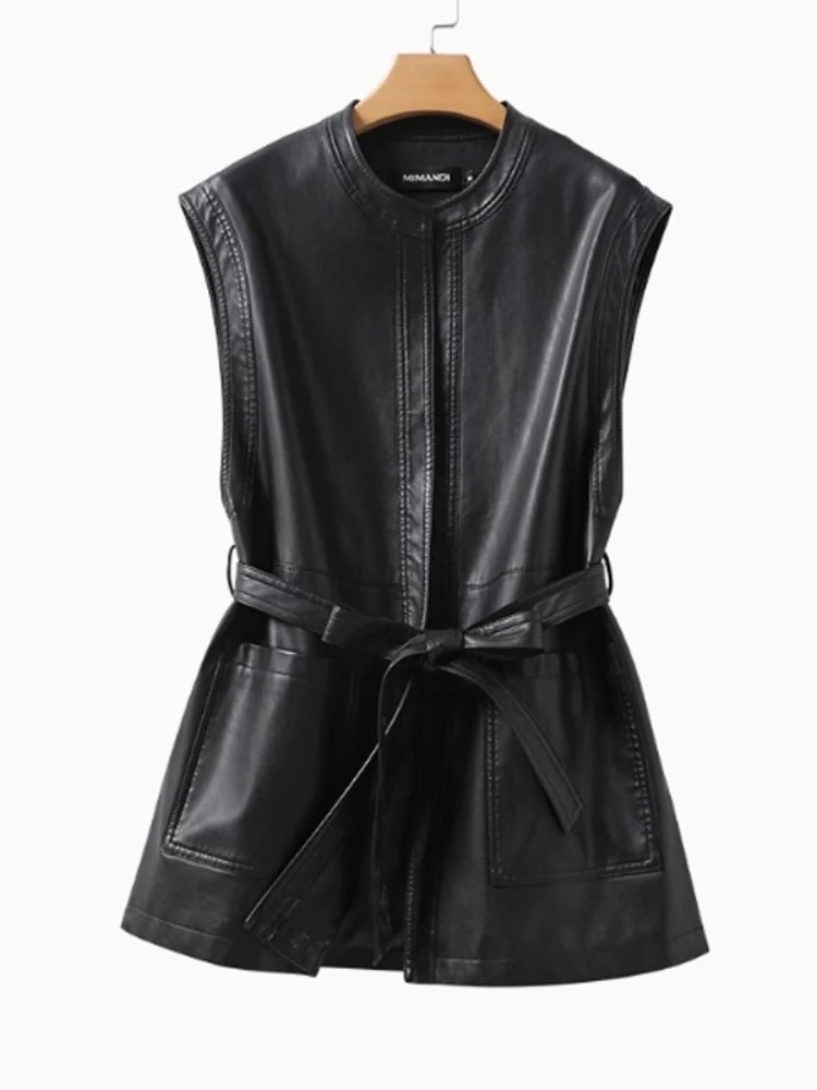 

PU Leather Jackets Vests All Match Solid Color Lace-up Sleeveless Pockets Long Coats Korean Fashion Elegant Women Clothing 2025