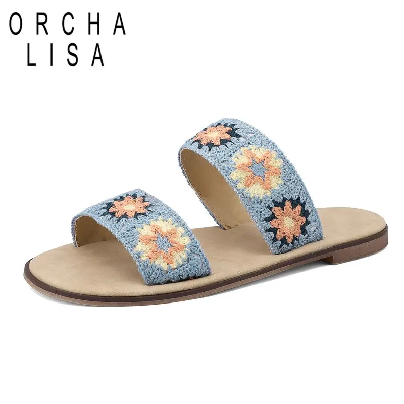 

ORCHA LISA New Designer Women Sandals Round Toe Slip On Flats Mixed Color Non Slip Outdoor Daily Summer Shoes Plus Size 41 42 43